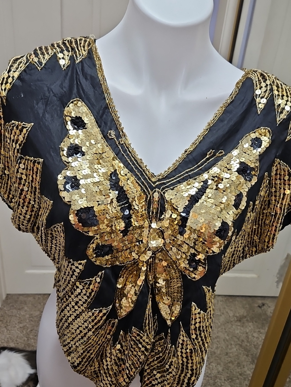 VTG Late 90s shoulder pad silk Black & Gold Sequin Butterfly Top